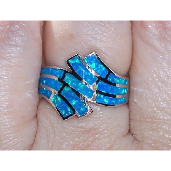 925 STERLING SILVER Lab Created Blue Fire Opal Wave Ring - Picture 3 of 16